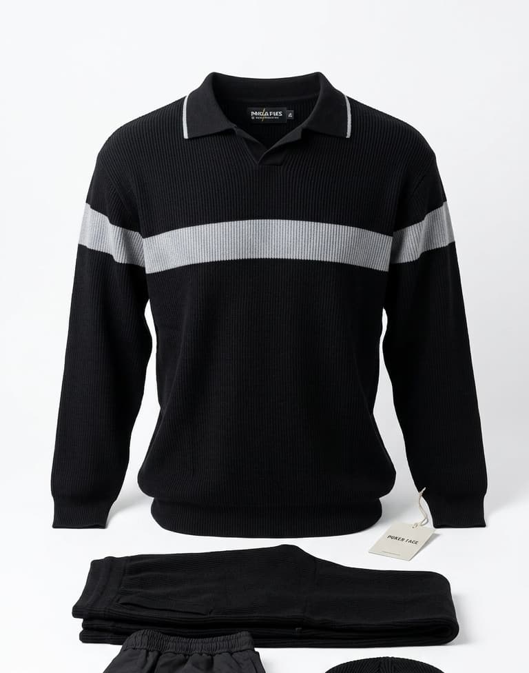 Black & White Striped Polo Sweater — 1